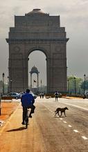 A cyclist moving down the road to an arch