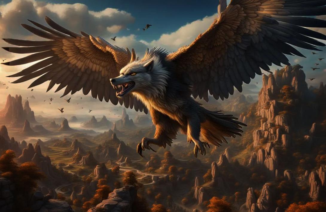 An eagle with the head of a wolf flying by