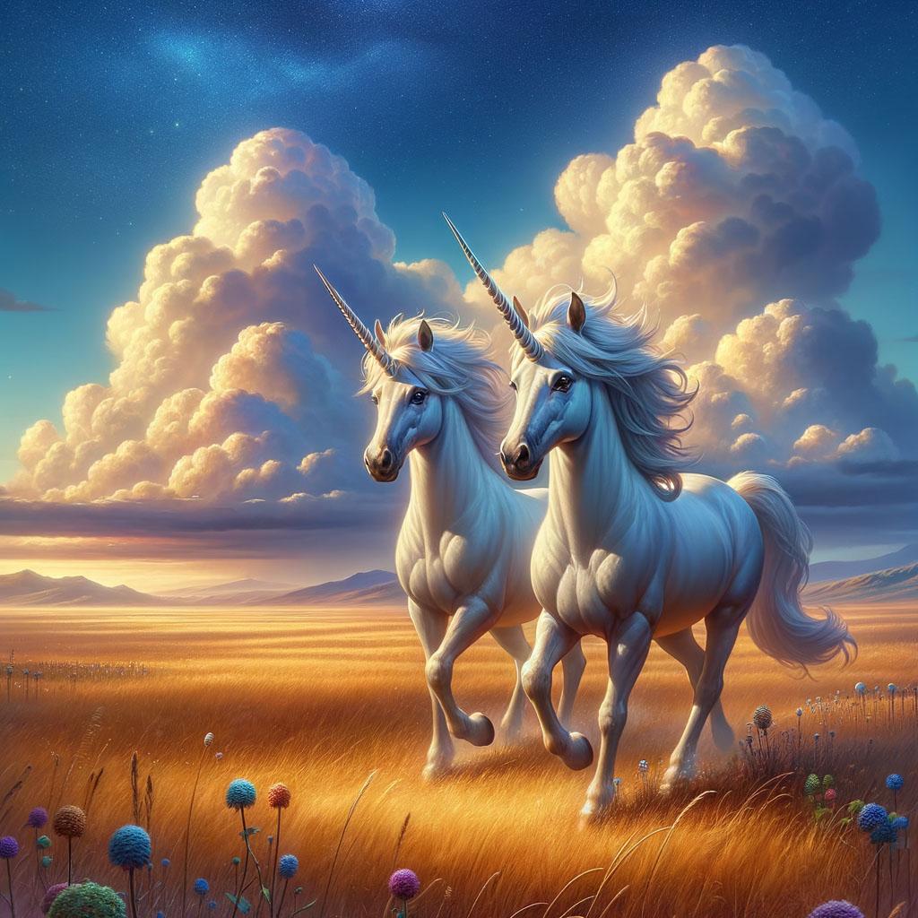 two unicorns running across the fields
